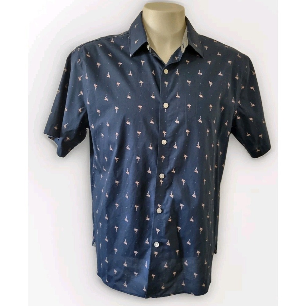 Van Heusen Dress Shirt Men Size XL 17-17.5 Slim Fit Flamingo Design Short Sleeve